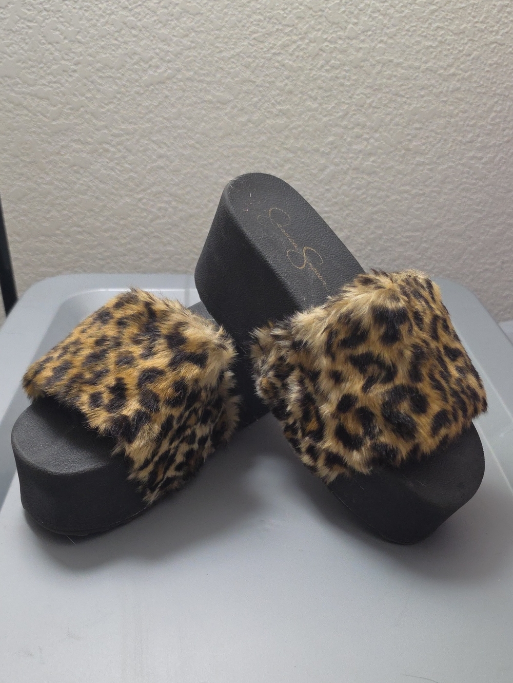 Jessica Simpson | Leopard Faux Fur Platform Wedge Slide Sandals Y2K Mobwife -8